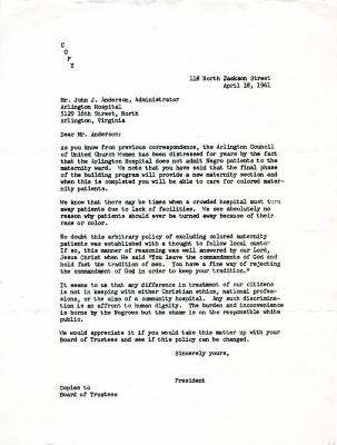 Letter to John J. Anderson, Arlington Hospital, from President, Arlington Council of United Church Women, 1961