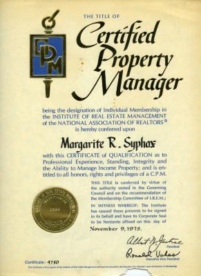 Margarite Syphax's Property Management Certificate