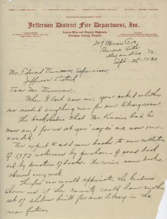 Letter from Library Committee to Jefferson District Fire Department Supervisor, 1930