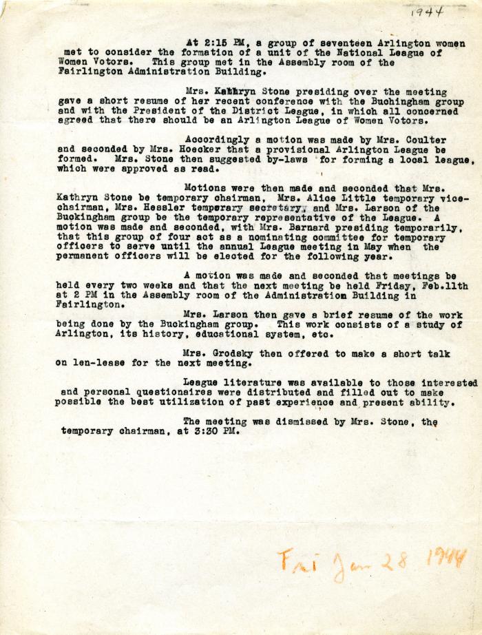 Meeting minutes for Inaugural Meeting of the League of Women Voters of Arlington, January 28, 1944
