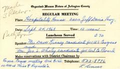 Meeting Reminder Postcard for Organized Women Voters Meeting on September 24, 1968