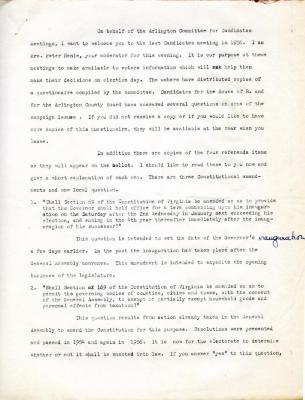 Thea Henle's Moderator Script for the Arlington "Candidate Meeting," October 1956


