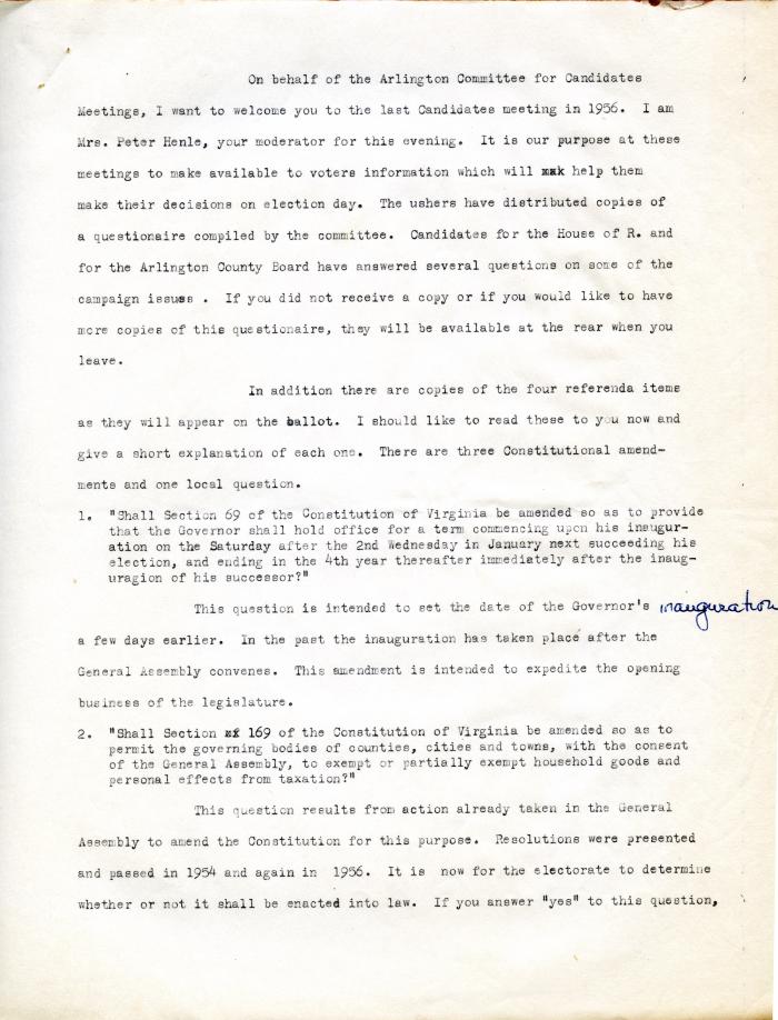 Thea Henle's Moderator Script for the Arlington "Candidate Meeting," October 1956

