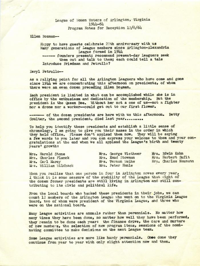 Script for Speakers at League of Women Voters of Arlington 20th Anniversary Reception, December 6, 1964
