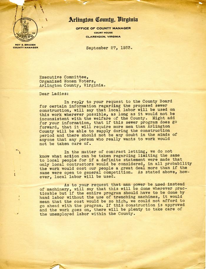 Letter from Roy Braden to Executive Committee, Organized Women Voters
