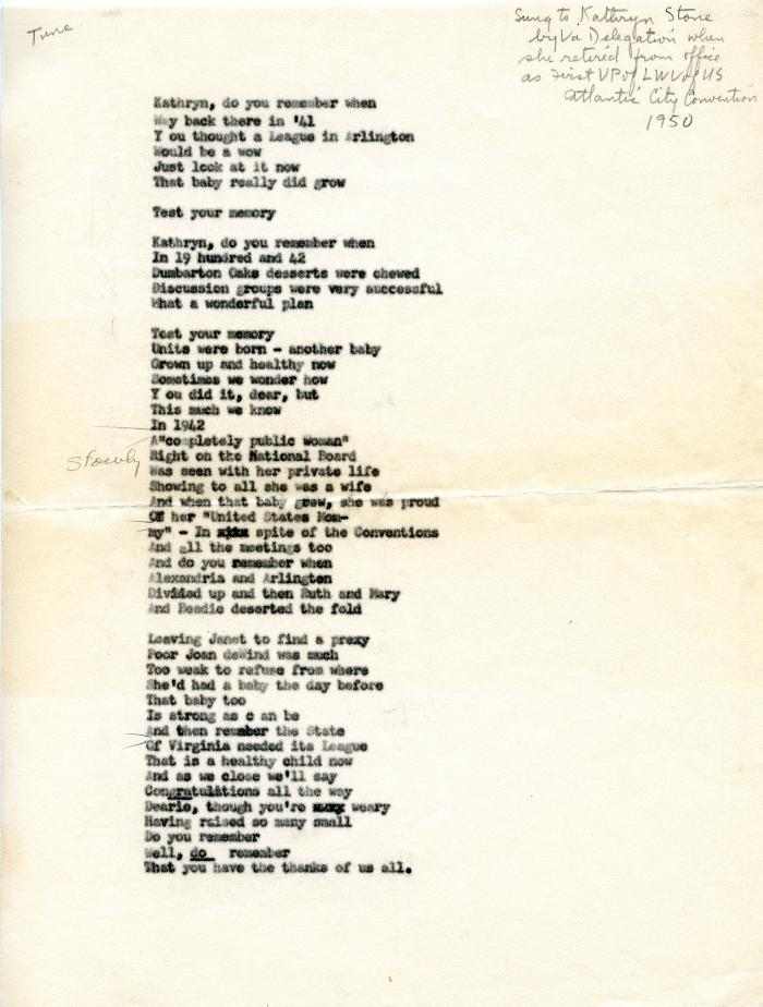 Song Lyrics for Farewell Song to Kathryn Stone Upon Leaving the League of Women Voters, 1950
