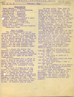 Overlee Preschool February 1946 Newsletter
