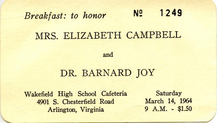 Ticket to breakfast honoring Campbell and Joy