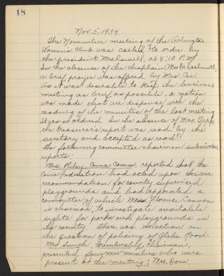 Arlington Woman's Club Meeting Minutes for November 5, 1934