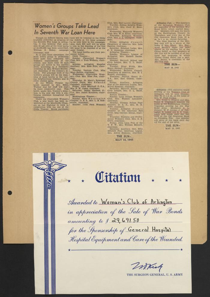 Arlington Woman's Club War Bonds Citation and Newspaper Articles, May 18th and 25th, 1945