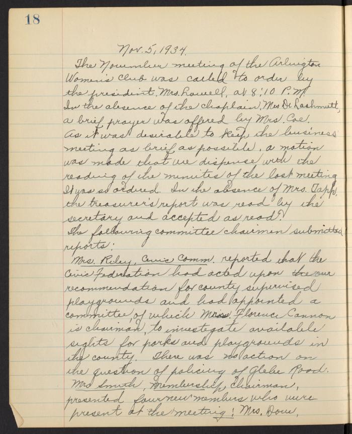 Arlington Woman's Club Meeting Minutes for November 5, 1934