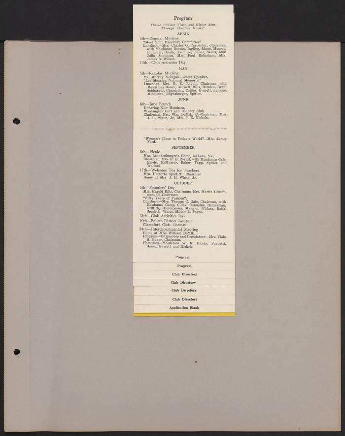 Program of Meetings for Virginia General Federation of Women's Clubs, 1952-1953