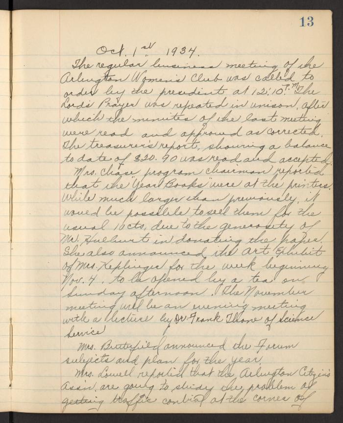 Arlington Woman's Club Meeting Minutes for October 1, 1934