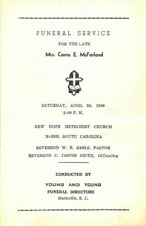 Funeral Program for Carrie E. McFarland
