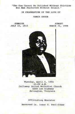 Funeral Program for Vance Green
