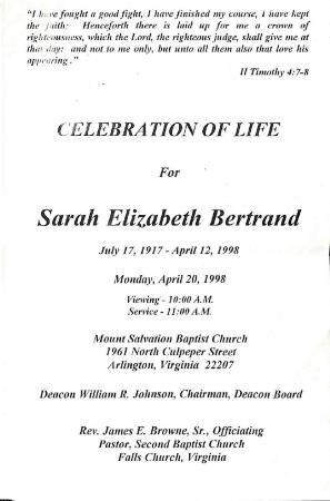 Funeral Program for Sarah Bertrand
