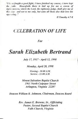Funeral Program for Sarah Bertrand
